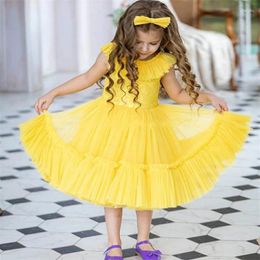 Meisje jurken geel prachtige prinses bloemen kanten verjaardagswedstrijd gewaad de demoiselle eerste communie kleurrijk