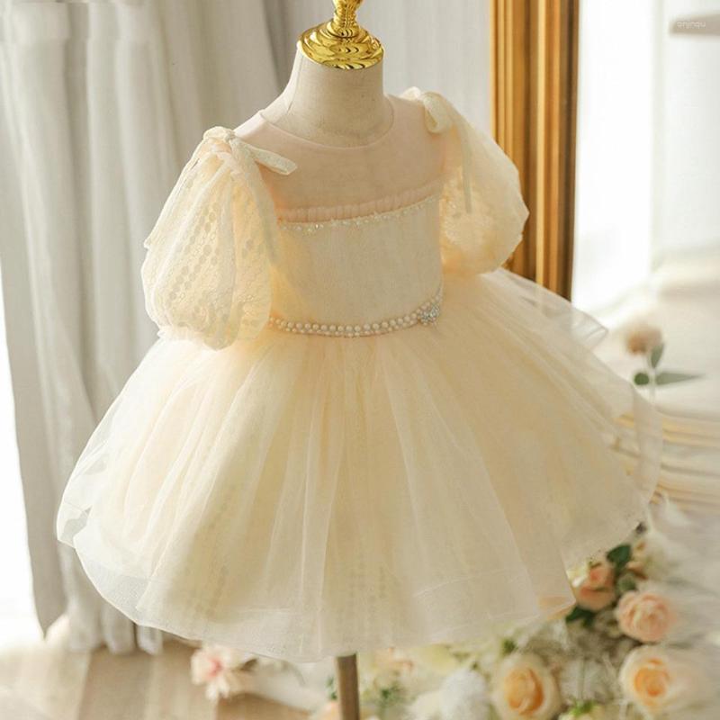Robes de fille jaune Tulle gonflé fleurs filles nœud perles paillettes manches courtes robes de bal col rond mariage fête d'anniversaire robe de bal