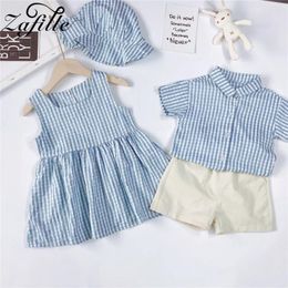 Meisjesjurken ZAFILLE Kids Peuterkostuum Streep Broer Zus Bijpassende outfits voor familiekleding Zomer Baby Meisjes Jurk Jongenspakken Set