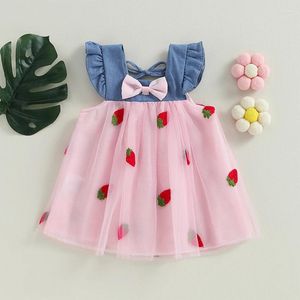 Robes de fille ZZLBUF Kid bébé filles Denim Patchwork robe en Tulle à manches longues bouton de revers ourlet irrégulier a-ligne