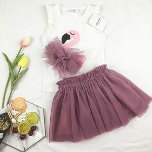 Girl Flamingo Kids Clothing 2018 Zomer mouwloze katoenen top + Lace Tutu Rok Koreaanse kinderen Outfits 2 PCS -sets