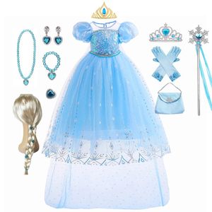 Meisje Meisjes Zomer Elsa Jurk Blauw Lovertjes Mesh Baljurk Carnaval Feest Verjaardag Prinses Kostuums 240116