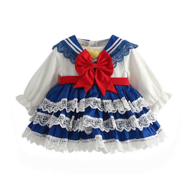 Fille Lolita Princesse Robes Enfants Espagnol Anniversaire Baptême Fête Robes Enfant Filles Marine Vent Robe Dentelle Bule Robes 210615