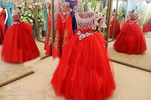 Luxe Christmas Christmas Girl Pageant Robes Casquette Perles De Grande Perles Cristaux Robes Pour Filles Tulle Rouge Fleur Filles Robe Real Images