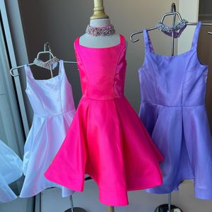 Robe d'entrevue de concours de beauté pour fille avec tour de cou en cristal, courte en satin scintillant, robe de soirée formelle d'anniversaire pour enfant, petite Miss Rising Star sur scène, mode amusante orchidée