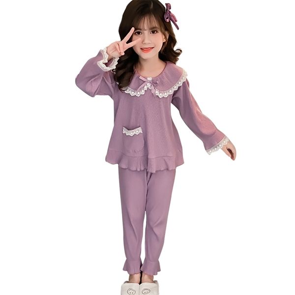 Conjunto de pijamas de niña Flor de encaje Conjuntos para niños Camiseta de algodón suave + Pantalones S Ropa Ropa de dormir Pijamas 210527