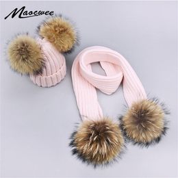 Girl Pompon and Scarves Sets Winter Knitted Warm Nature Fur Pom Hat Scarf Thick Beanies Hats Caps Kids Baby Solid Bones Y201024