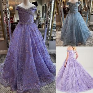 Girl Preteens Pageant Dress 2024 Glitter TULLE OFF-SHOULDER Little Kid verjaardag formele feestjurk baby peuter tieners kleine jonge junior junior runway veter lila lila sky