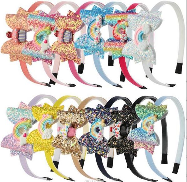 Bandeau licorne arc-en-ciel pour filles, accessoires à paillettes, nœud papillon, bâtons de cheveux, dessin animé, nœud brillant pour enfants