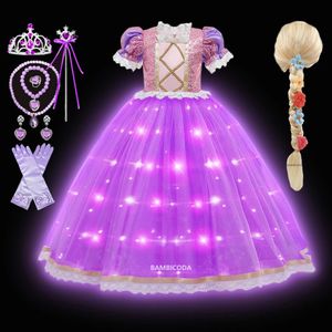 Fille Raiponce Robe pour Enfant LED Light Up Halloween Princesse Cosplay Costume Fête D'anniversaire Cadeau Violet Paillettes Maille Vêtements 240318