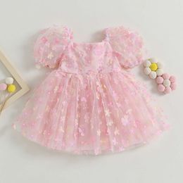 Girl's Birthday Princess Dress Sweet Flower Decor Kort Puff Sleeve Kinderen Kleding Kinderen Pageant feest Zomerjurken L2405