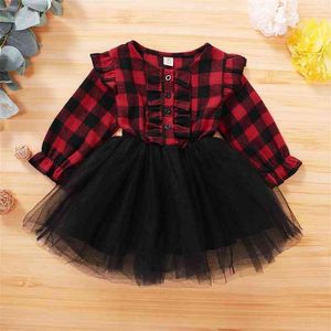 Niñas de Navidad para niñas 1-5Y Baby Check Mesh Ruffle rojo y negro blanco Plaid vestidos de manga larga falda esponjosa con cinturón 0913