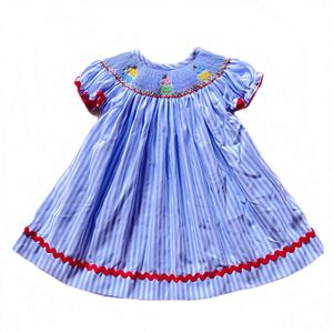 Vestido de helado de rayas de coral y rayas azules de niña Bishop smock a mano de estilo hecho a mano L2405