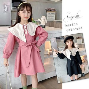 Fille mignon enfants filles asymétrique col claudine coton a-ligne robes de princesse avec ceinture automne fille enfants vêtements