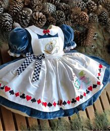 Robes de fille 0-12Y bébé fille automne hiver bleu velours Alice broderie Vintage princesse robe de bal robe pour Noël Eid anniversaire causal 230520