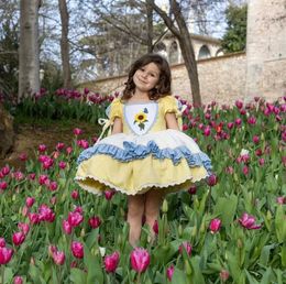 Meisjesjurken 0-12y babymeisje lente/zomer gele zonnebloem geborduurd retro Spaanse prinses prom jurk eid al fitr fur yellow jurkl2405