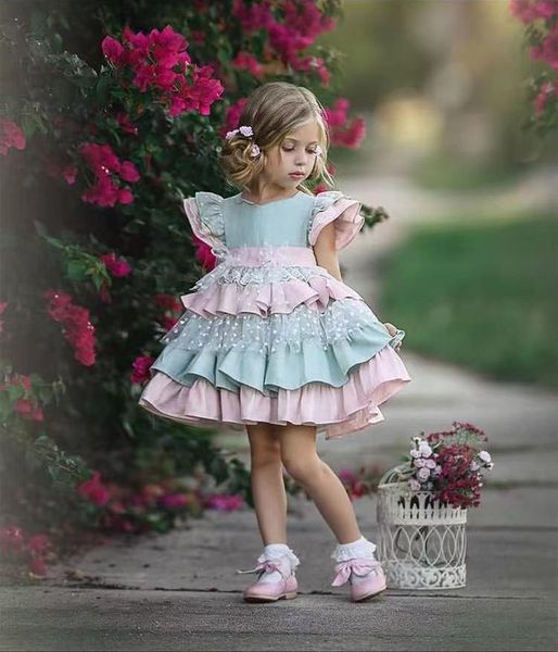 Robes fille 0-12Y bébé fille été vert rose Vintage espagnol robe de bal Lolita princesse dentelle robe pour vacances décontracté
