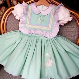 Meisjesjurken 0-12y babymeisje zomer licht groene eenhoorn borduurwerk Turkse vintage lolita prinses jurk voor verjaardagsvakantie casual eid 230403