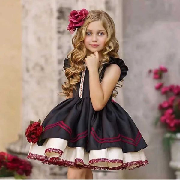 Robes de fille 0-12 ans bébé filles d'été noir rétro lolita princesse bal robe d'anniversaire de vacances D240515