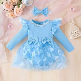 Girl's jurken 0-18m babyjurk met hoofdband lange mouw blauwe bloemjurk babyjurken jurken boog bloemen gaas voor pasgeboren verjaardagsfeestje d240425