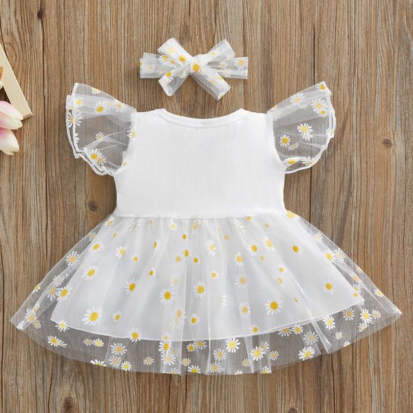 Robes de fille 0-24M bébé filles princesse robe avec bandeau été doux manches volantes patchwork tournesol imprimé maille robes ensembles