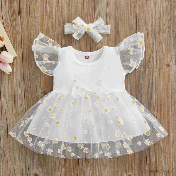 Vestidos de niña 0-24m Baby Girls Princess Vestido con diadema Summer Sweet Flying Manga Patchwork Vestidos de malla de huella de girasol Sets R230815