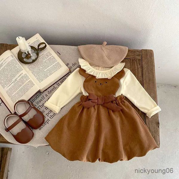 Vestidos de niña 0-4Y Coreano Nuevo vestido de oso de dibujos animados para niñas a juego con cuello de volantes Blusa Camisa Ropa para niños pequeños