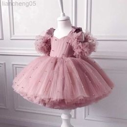 Meisjesjurken 0-5Y Baby Girl Dress Baby Dress Doop jurk Pearl Mesh Princess Dress Tutu Board Verjaardagsfeestje Baby Girl Dress W0314