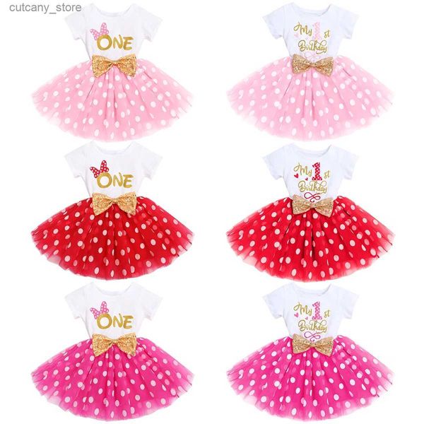 Robes de fille 1-2 ans robe de fête d'anniversaire robe de gâteau à pois avec des lettres spéciales imprimées et des accessoires de photographie à paillettes scintillantes L240313