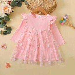Girl's jurken 1-5 jaar Baby Girl Pink Butess Princess Dress Ribbed Ribbed Tule rok met lange mouwen voor lente herfst schattige verjaardagsfeestjes kostuums y240412y2404174Jat
