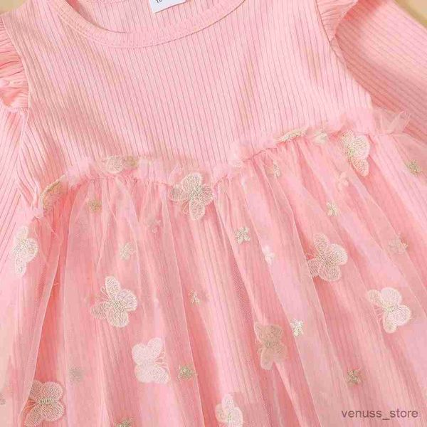 Robes de fille 1 à 5 ans bébé fille rose papillon robe princesse côtelée à manches longues en tulle pour le printemps automne