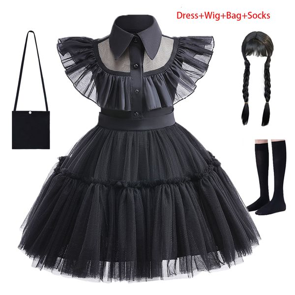 Robes de fille 1-6 ans enfants mercredi Addams Cosplay pour fille Costume Vestidos pour enfants robes de soirée Halloween Costumes noirs 230615