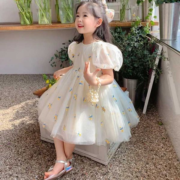 Robes de fille 1-6t enfants filles robe d'été bouffée manche courte fleur maille princesse robe d'anniversaire mariage élégant tout match vestidos