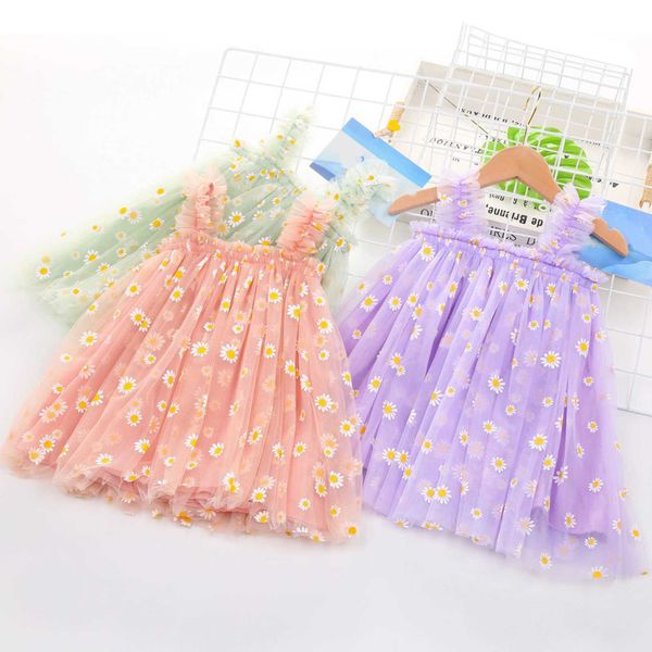 Robes de fille 1-6 ans robe d'enfant en bas âge enfants filles fête 2023 été sans manches Daisy robe florale robe en tulle superposée robes d'anniversaire de princesse