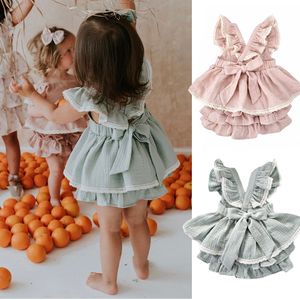 Vestidos de niña 1 juego Vintage Baby Girl sin mangas CrissCross Dress Kid Ruffles DressLace Shorts Todder Princess Dresses Ropa para niños 4T 230504