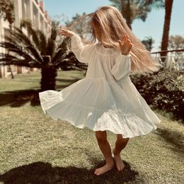 Vestidos para meninas 100% algodão Vestido para meninas com babados em camadas Primavera Outono Crianças Casual Solto Manga comprida Branco Doce Vestidos Princesa TZ78 230615