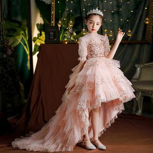 Girl's jurken 2-14t Elegant Flower Girl Trail Bruiloft Kinderen Hoge kwaliteit Tutu Mermaid Pink Applique Long Dress G220523