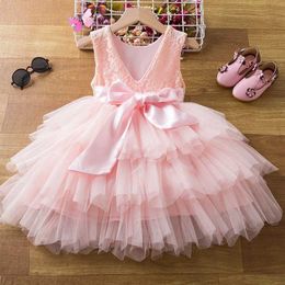 Vestidos de niña 2-6T Baby Pink Princess Dress Lace Flower Girl Vestido para fiesta de bodas para niños Año Nuevo Año Nuevo Tul Tul Capa de tul