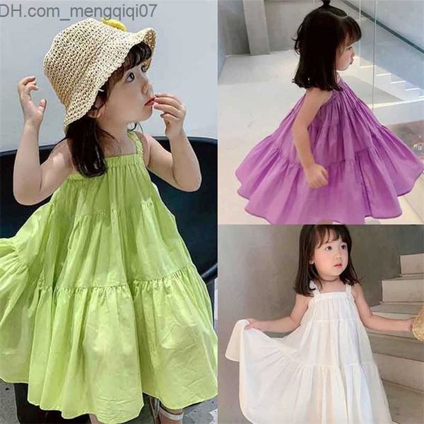 Vestidos de niña 2-7Y Kids Baby Girls Sling Dress Summer Girl Dress Vestidos de playa Purple Fluorescente Green White Dress Ropa para niños 220712 Z230704