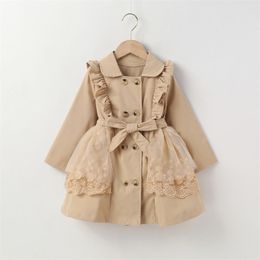 Vestidos de niña 2 7Y Niños Niñas Gabardina Bebé Otoño Invierno Ropa Adorno de encaje Manga larga Solapa Doble botonadura Rompevientos Niños Outwear 230508