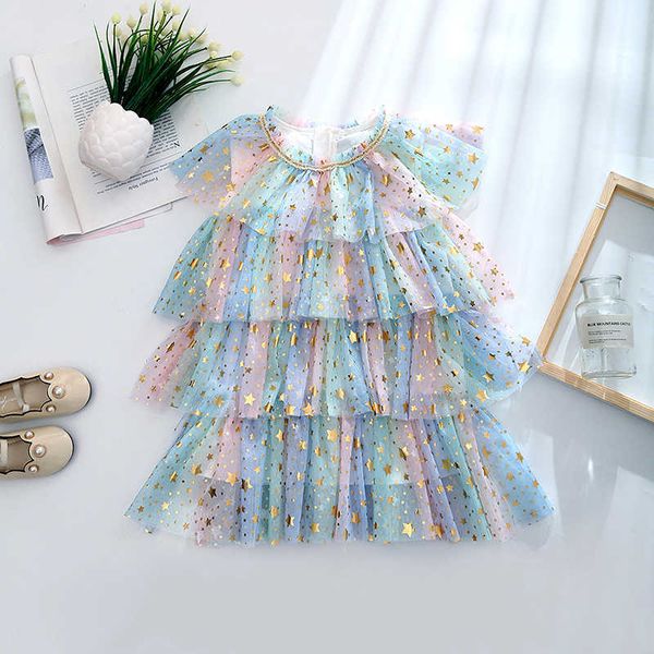 Robes pour filles 2-8T enfant en bas âge enfants filles couleur robe arc-en-ciel étoile imprimer maille pull robe été sans manches couches princesse gâteau robe AA230531