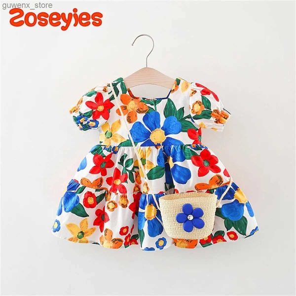 Robes de fille 2 pièces / Sac à tissu gratuit 2023 Nouvelle robe de fille pour bébé été plage imprimé tropical