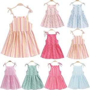 Girl's Jurken 2017 Summer Girls Koreaanse strappy jurk Childrens Roze mouwloze bedrukte jurk baby katoen en linnen casual prinsesjurk wx