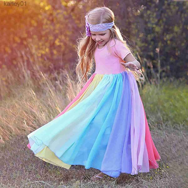Robes de fille 2021 nouveau bébé fille coton mode arc-en-ciel à manches courtes bloc de couleur robes de fête colorées pour enfants princesse enfants robe 1-7 ans yq240327