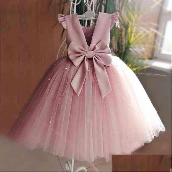 Robes de fille 2021 Peach Rose Fleur Filles Pour Mariage Perles Dos Nu Fille Fête D'anniversaire Robe De Soirée Tle Princesse Robe De Bal G1 Otlkz