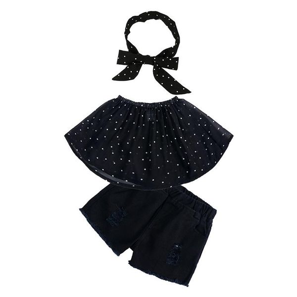 Robes de fille 2021 Filles d'été Mode Bleu foncé Élégant Bustier Tube Top + Jeans déchiré Costume trois pièces Loisirs pour enfants