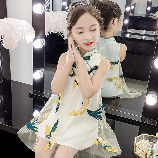 Robes de fille 2021 Été Enfants Vêtements Style chinois Hanfu Qipao Filles Robe rétro Middle School Enfants Mode Mesh Robe