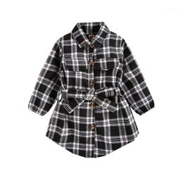 Robes de fille 2022 0-4Y enfant en bas âge bébé fille robe à manches longues printemps automne plaid imprimé revers simple boutonnage chemise avec ceinture vêtements décontractés