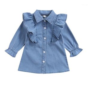 Girl's jurken 2022 0-5Y TODDLER BABY GIRLEN DENIM JURK Mooie ruches blauwe vaste vaste single breasted lange mouw shirt lente herfstkleding