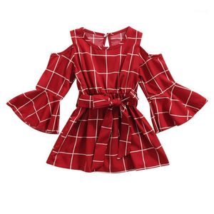 Vestidos de niña 2022 2-7y moda niño bebé niñas vestido rojo estampado a cuadros hombro frío llamarada túnica de manga larga con cinturón primavera otoño